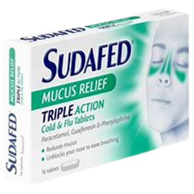 Sudafed Mucus Relief Triple Action Cold & Flu Tablets 16s