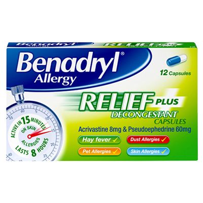 Benadryl Allergy Relief Plus Decongestant Capsules 12s