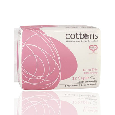 Cottons Organic Super Ultra-Thin Pads with Wings, 12 pads