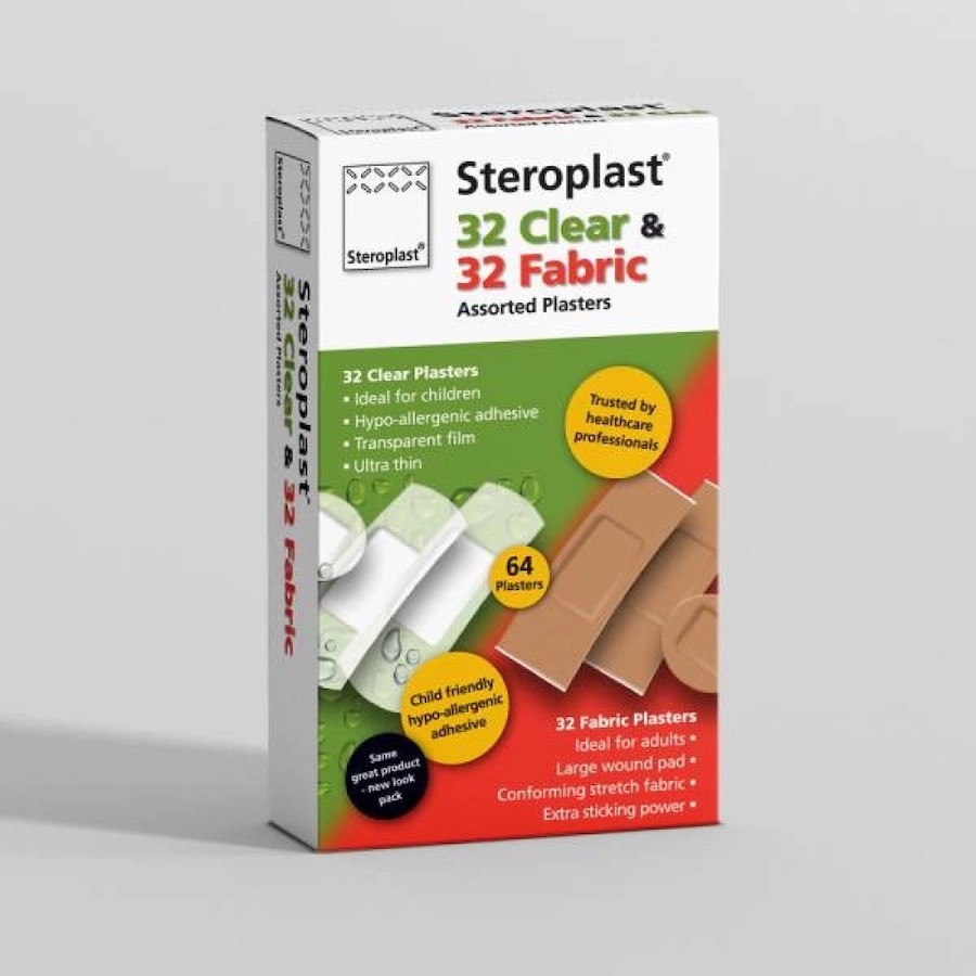 Steroplast Assorted Plasters 64's (32 Clear + 32 Fabric)