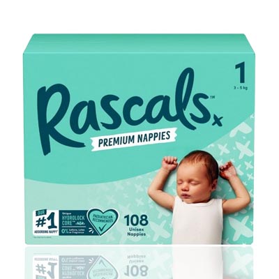 Rascals Premium Nappies Size 1 Newborn (3-5kg) 108s