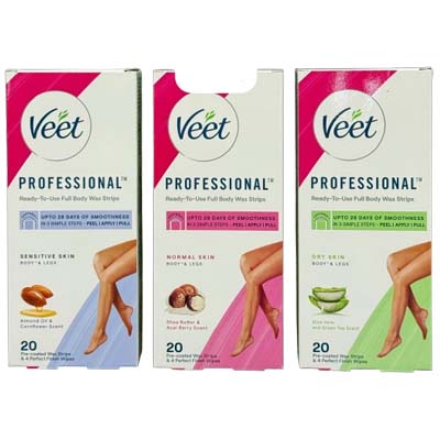 Veet Hair Removal Full Body Wax Strips 20's (3 Types) Normal Skin & Sensitive Skin, Dry Skin