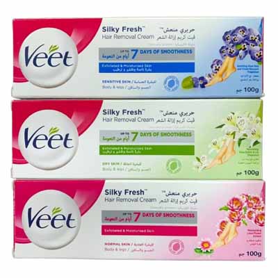 Veet Hair Removal Cream 100g (3 Types)  (Normal Skin (Pink Box) & Sensitive Skin (Blue Box), Dry Skin (Green Box)